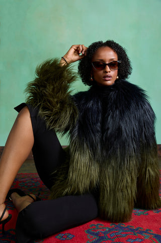 Biella Dip Dye Fur Coat in Black-Green