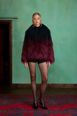 Black to Burgundy Gradient Two-tone Short Faux Fur Coat by Charlotte Muse