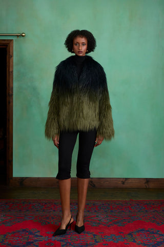 Black to Green Gradient Two-tone Short Faux Fur Coat by Charlotte Muse