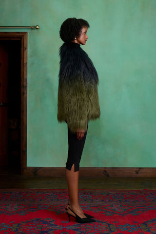 Black to Green Gradient Two-tone Short Faux Fur Coat by Charlotte Muse