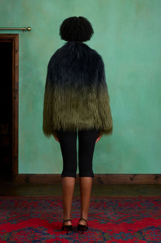 Black to Green Gradient Two-tone Short Faux Fur Coat by Charlotte Muse