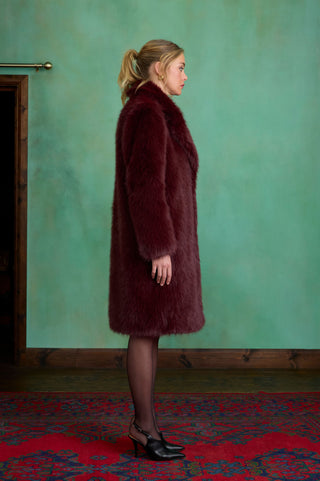 Burgundy Maxi Faux Fur Coat by Charlotte Muse
