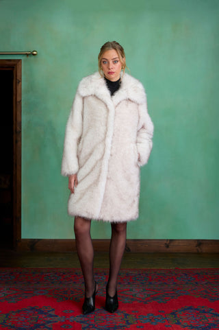 Ecru Maxi Faux Fur Coat by Charlotte Muse
